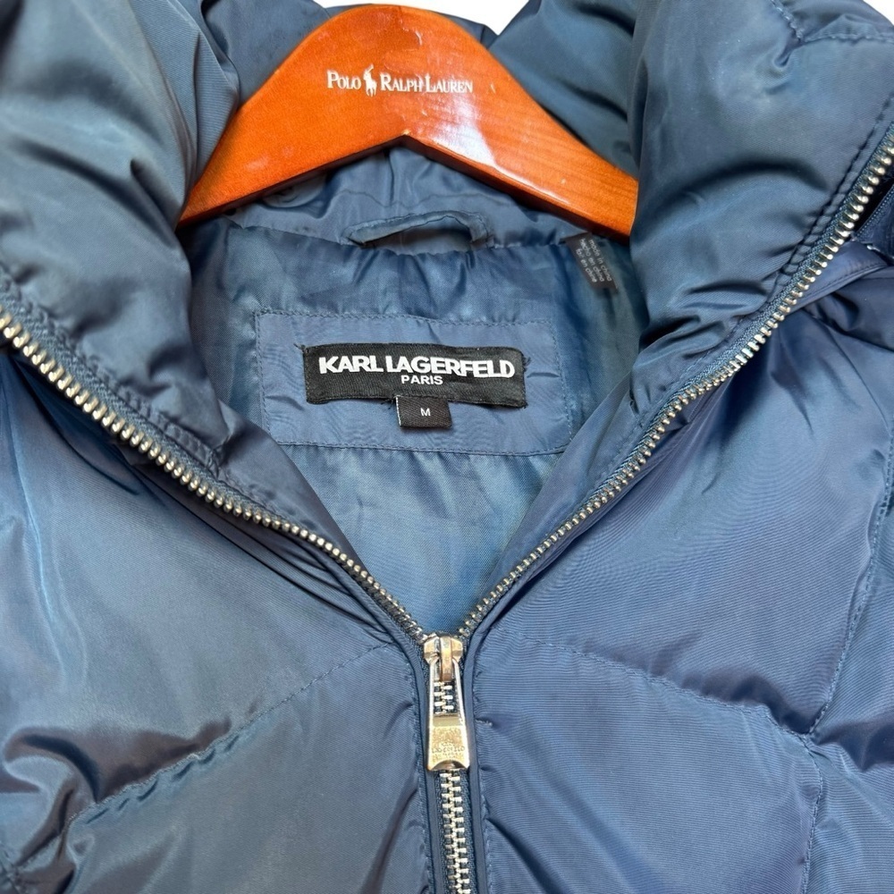 Karl Lagerfeld Faux Fur Collar Navy Blue Puffer Coat - Picture 6 of 12